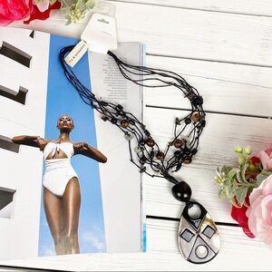 Bohemian Boho Black Wood Shell Statement Necklace